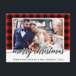 Postal Navidades fotográficos de Boda de Red Plaid<br><div class="desc">Escritura moderna caligrafía Boda de plástico rojo Navidades postal</div>