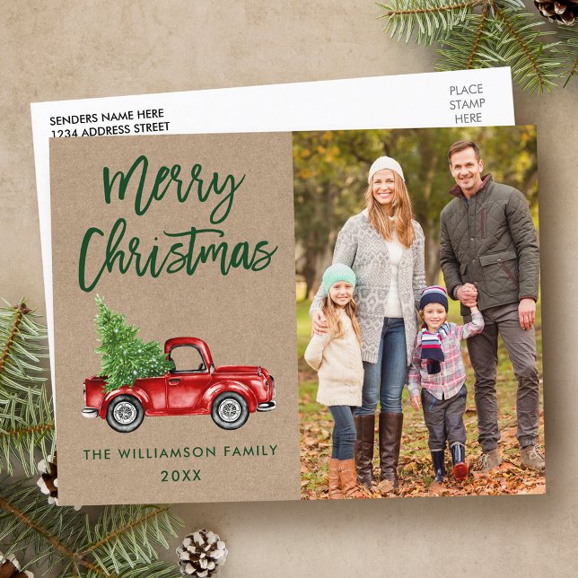 Postal Navidades fotográficos de Camión Vintage con guión (Customize to change your personalized text size or text style.)