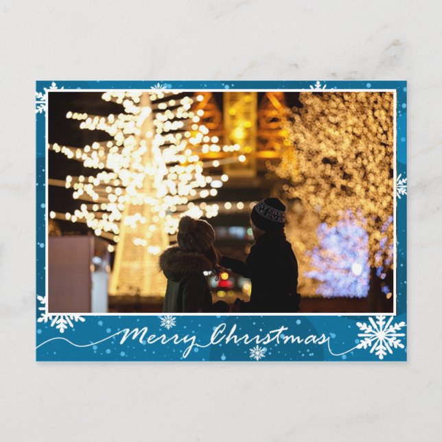Postal Navidades fotográficos de la nieve brillante azul (Anverso)