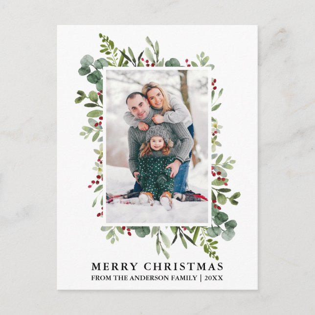Postal Navidades fotográficos de Watercolor Winter Greene (Anverso)