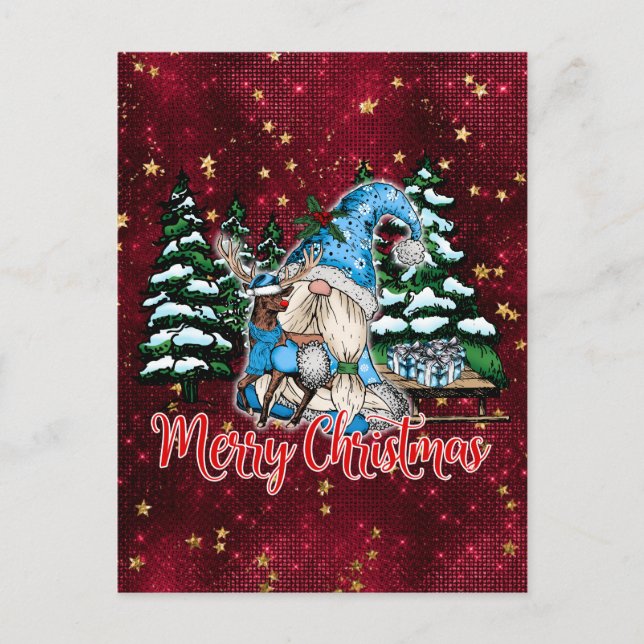 Postal Navidades Gnome Burgundy Red Stars Postcard (Anverso)