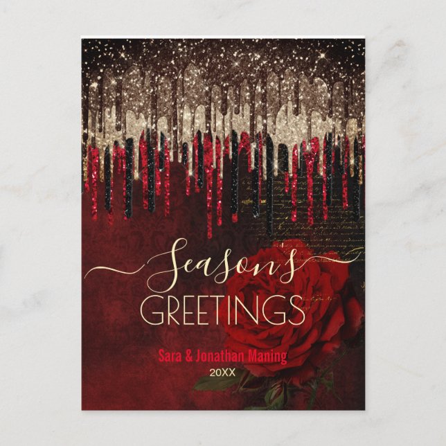 Postal Navidades goteo de purpurinas de oro de flores roj (Anverso)
