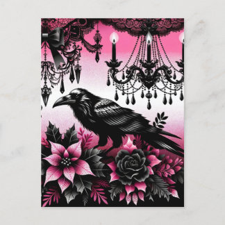 Postal Navidades góticos negros y rosados Raven y flores