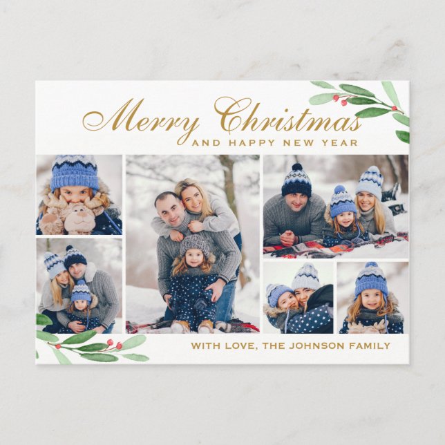 Postal Navidades Holly Berry 6 Saludo de Collage de fotos (Anverso)