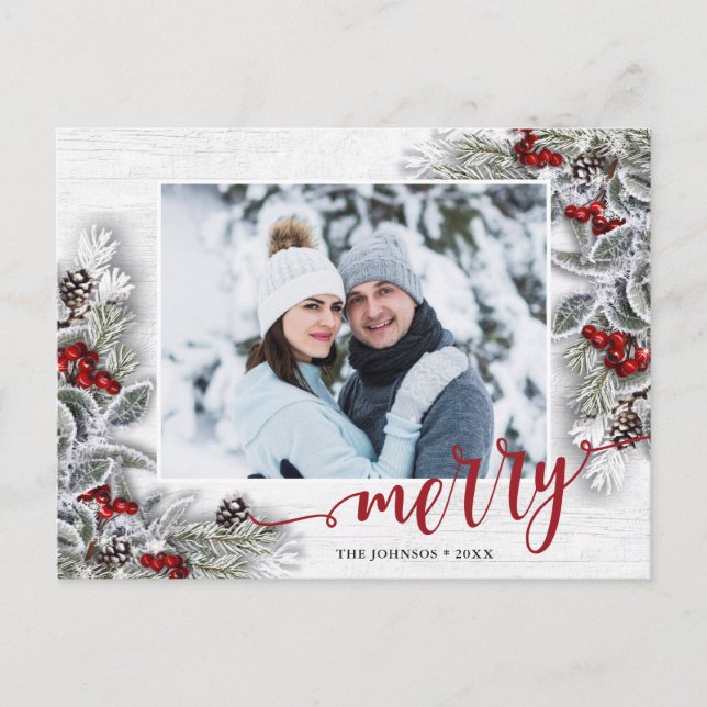 Postal Navidades Holly Pine Rustic Photo Holiday Greet (Anverso)