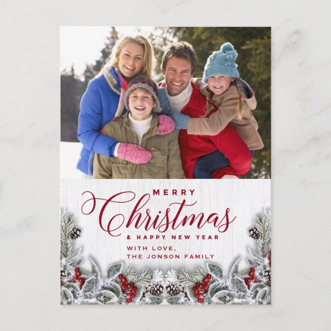 Postal Navidades Holly Pine Rustic Photo Holiday Greet (Anverso)