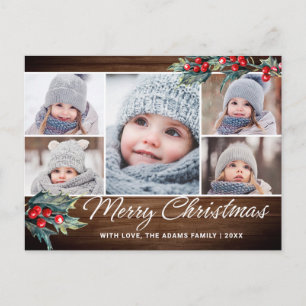Postal Navidades Holly Rustic 5 Fotos Saludo feriado