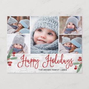 Postal Navidades Holly Rustic 5 Fotos Saludo feriado