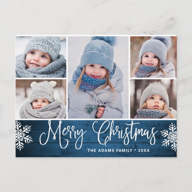 Postal Navidades Holly Rustic 5 Fotos Saludo Festividad P (Anverso)