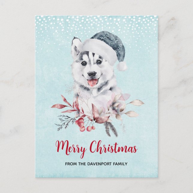Postal Navidades Husky Dog en Santa Hat (Anverso)