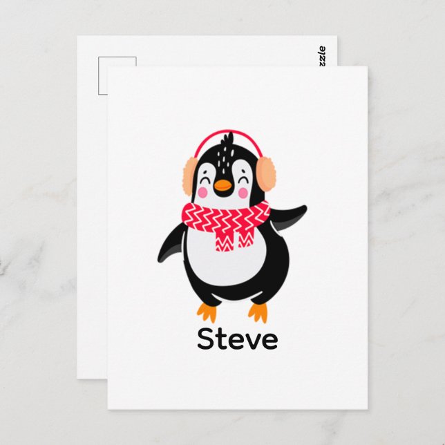 Postal Navidades Jolly Penguin en una bufanda con bocanad (Anverso / Reverso)