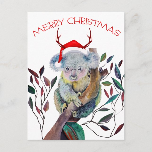 Postal Navidades Koala usando Santa Hat (Anverso)