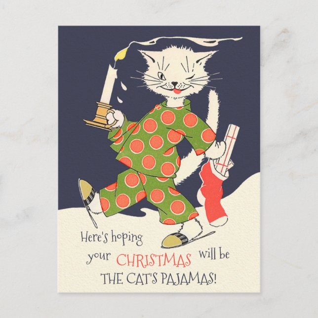 Postal Navidades La divertida cosecha del pijama del gato (Anverso)