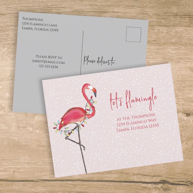 Postal Navidades Luces de vacaciones Flamingo Rosa (Subido por el creador)
