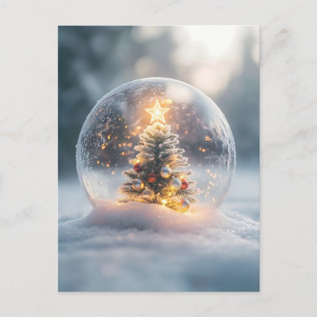 Postal Navidades mágicos: Globe de nieve con árbol brilla (Anverso)