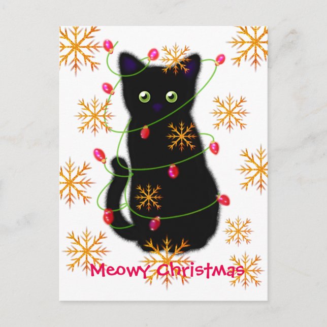 Postal Navidades Meowy | amante del gato | gato negro (Anverso)