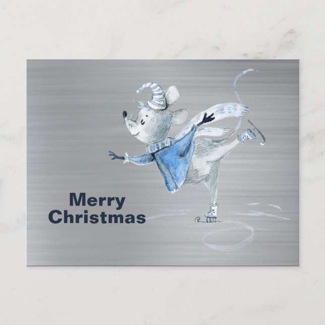 Postal Navidades Metalizado de Plata de Patinaje sobre Hi (Anverso)