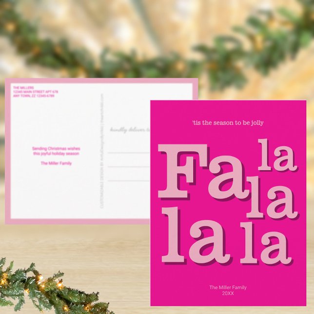 Postal Navidades Mínimos Modernos Fa La Hot Pink (Christmas postcards with your custom text and optional return address)