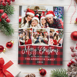 Postal Navidades modernos de caligrafía divertida 4 fotog<br><div class="desc">Moderna caligrafía divertida guión Feliz Navidad 4 Foto postal de vacaciones - Red Plaid</div>