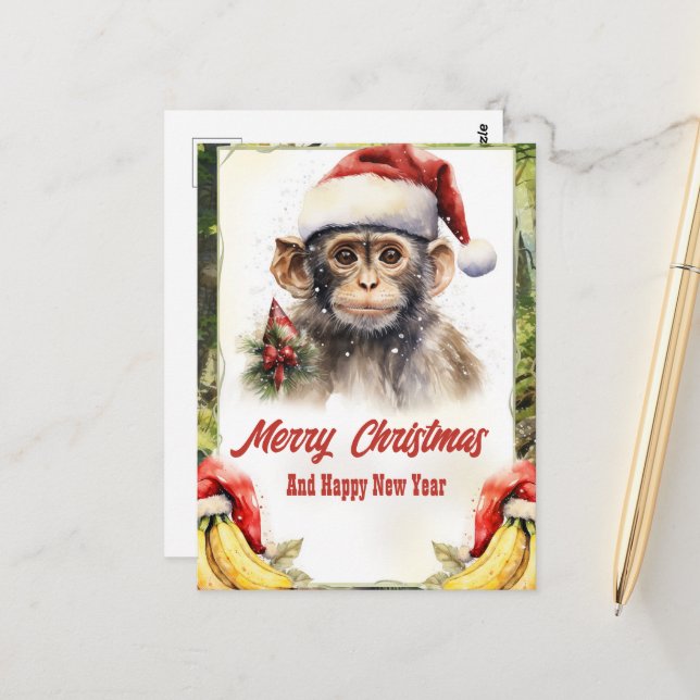Postal Navidades Monkey Watercolor (Anverso/Reverso In Situ)