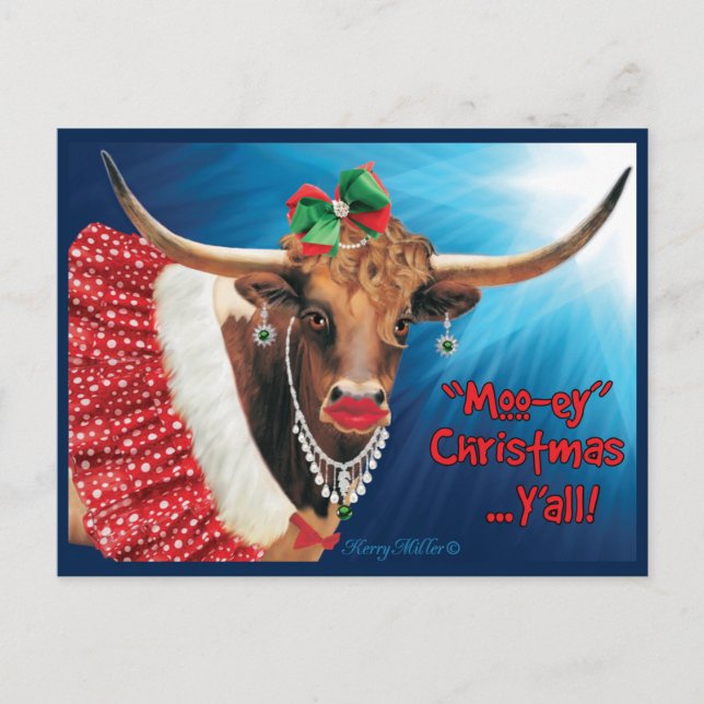 Postal navidades "MOO-ey", vaca de Longhorn (Anverso)