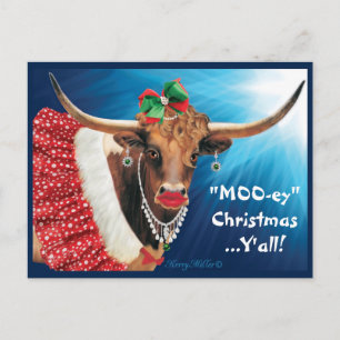 Postal navidades "MOO-ey", vaca de Longhorn