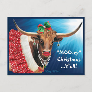 Postal navidades "MOO-ey", vaca de Longhorn