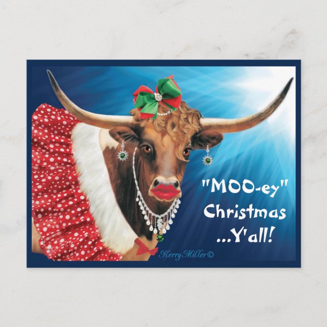 Postal navidades "MOO-ey", vaca de Longhorn (Anverso)