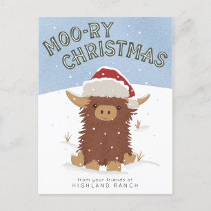 Postal Navidades moo-ry linda y conmovedora vaca de Highl
