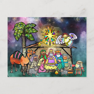 Postal Navidades Natividad Watercolor Doodle Scene