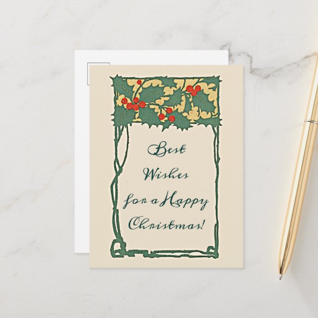 Postal Navidades nostálgicos de época Holly Berries Holid (Anverso/Reverso In Situ)