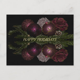 Postal Navidades Ornamentos Rojos Rosados Hojas Verdes Ne