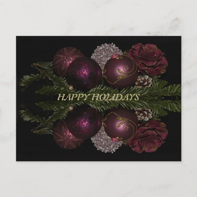 Postal Navidades Ornamentos Rojos Rosados Hojas Verdes Ne (Anverso)