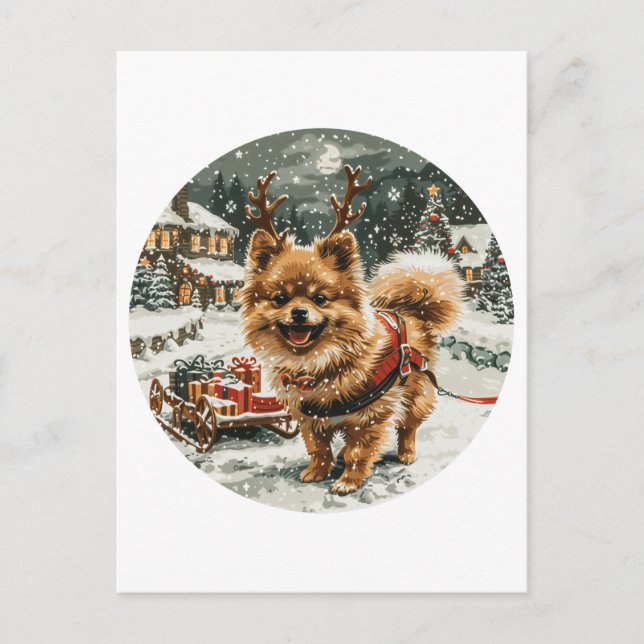 Postal Navidades Perro reno Pomerania (Anverso)