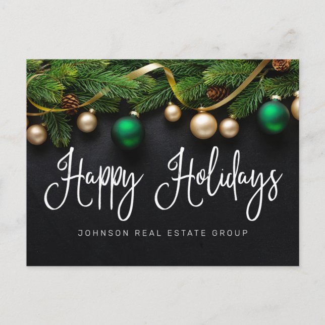 Postal Navidades Pine Tree and Balls Felices Fiestas (Anverso)