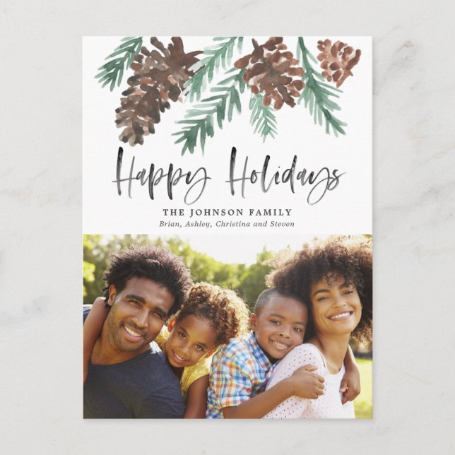 Postal Navidades Pinecone acuarela foto de vacaciones (Anverso)