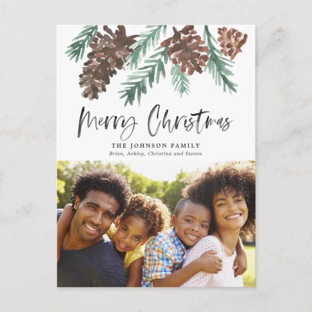 Postal Navidades Pinecone acuarela foto de vacaciones (Anverso)