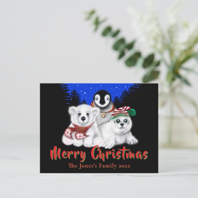 Postal Navidades pingüino bebé oso polar cachorro (Anverso de pie)