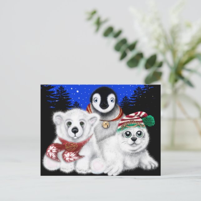 Postal Navidades pingüino bebé oso polar cachorro (Anverso de pie)