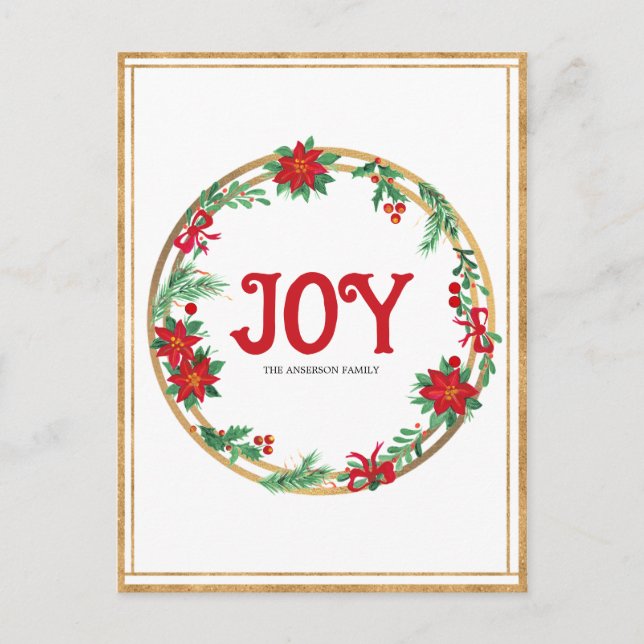 Postal Navidades Poinsettia Wreath Red Golden Green (Anverso)