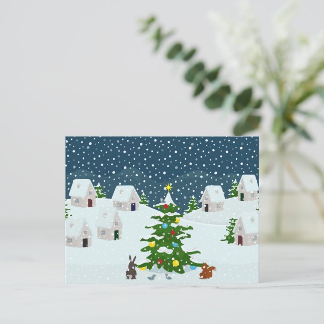 Postal Navidades pueblo de nieve con árbol de navidad y a (Anverso de pie)