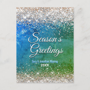 Postal Navidades purpurinas de oro azul verde moda año nu
