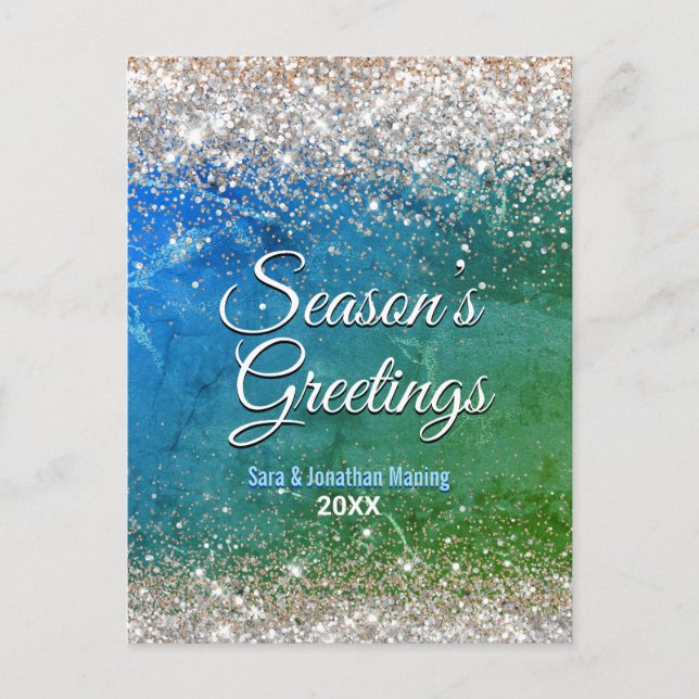 Postal Navidades purpurinas de oro azul verde moda año nu (Anverso)