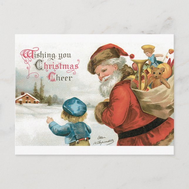 Postal Navidades que saludan por Ellen Clapsaddle (Anverso)