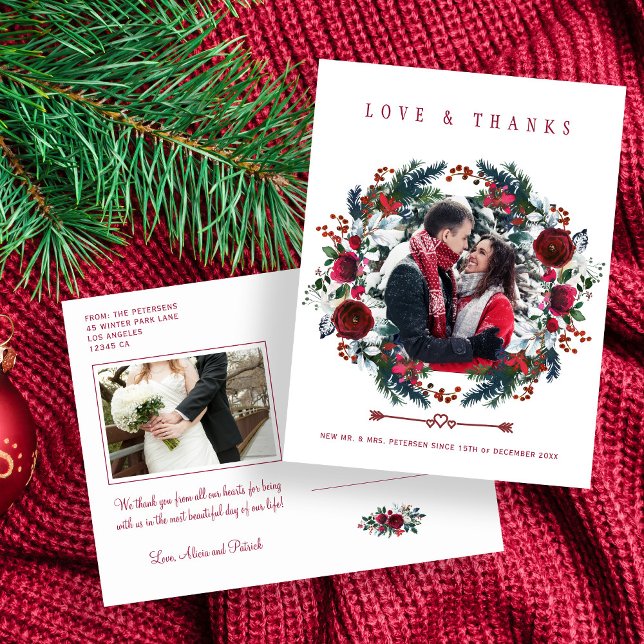 Postal Navidades recién casados Boda Red Floral Gracias (Subido por el creador)