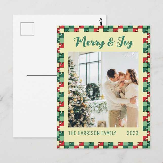 Postal Navidades Red Green Puzzle Merry & Joy Photo (Anverso / Reverso)