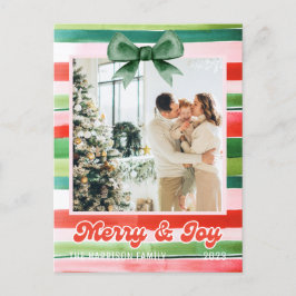 Postal Navidades Red Green Stripes Merry and Joy Photo