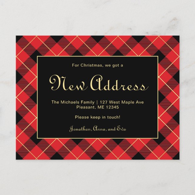 Postal Navidades Red Plaid New Address Holiday Move (Anverso)