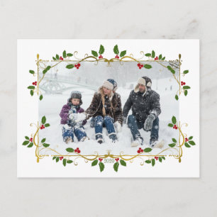 Postal Navidades Relieve metalizado dorado Holly Border S