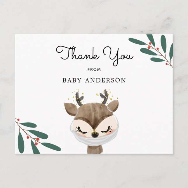 Postal Navidades renos enmascarados Baby Shower Gracias (Anverso)